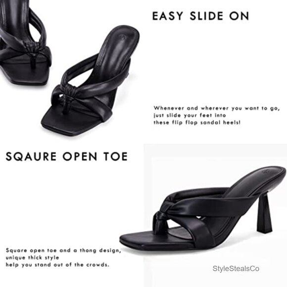 Square Toe Thong Heeled Sandals Mules 2.75 Inch Heels Dress Party - Picture 3 of 7